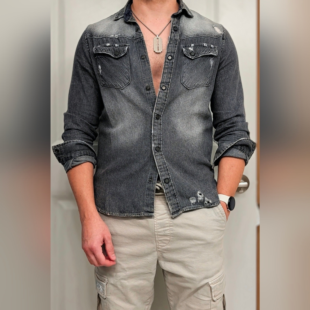 Stylish Black Denim Button-Up Shirt